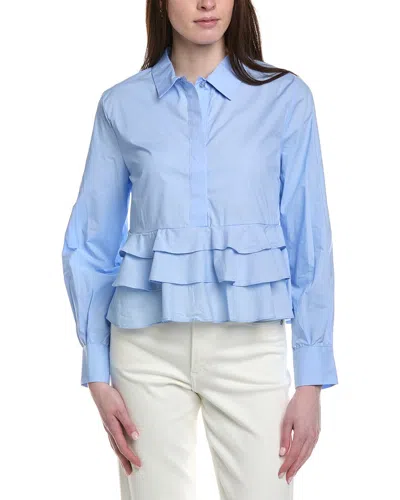 Ellen Tracy Ruffle Poplin Crop Button-up Shirt In Blue