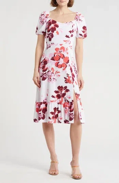 Ellen Tracy Puff Sleeve Linen Blend Midi Dress In White