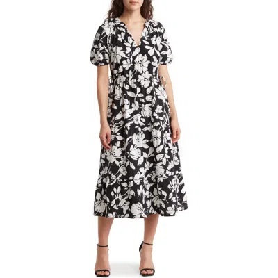 Ellen Tracy Puff Sleeve Side Tie Midi Dress In Black/white Floral Blossom