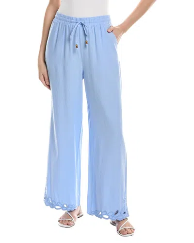 Ellen Tracy Embroidered Eyelet Hem Wide Leg Pull-on Pants In Blue