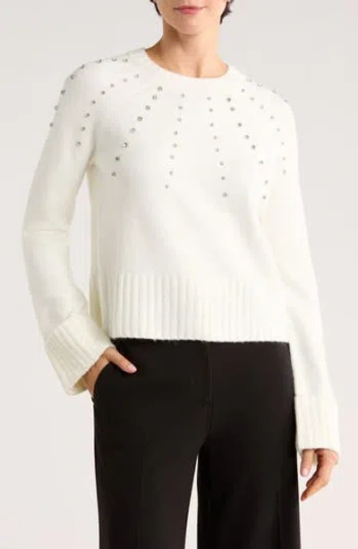 Ellen Tracy Rhinestone Embellished Crop Sweater In White