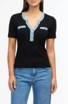 Ellen Tracy Short-sleeve V-neck Mixed Media Ribbed Sweater In Black