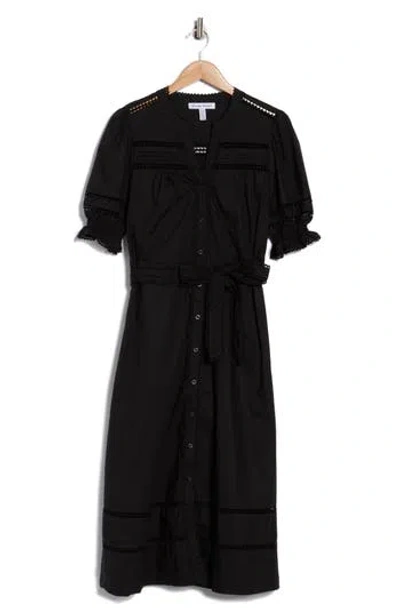 Ellen Tracy Rickrack Trim Puff Sleeve Cotton Poplin Dress In Black
