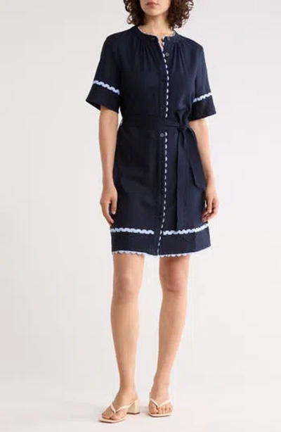 Ellen Tracy Rickrack Trim Short Sleeve Shirtdress In Blue