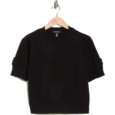 Ellen Tracy Rosette Short Sleeve Sweater In Black