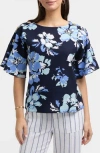 Ellen Tracy Round Neck Button Detail Linen Blend Top