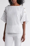 Ellen Tracy Round Neck Button Detail Linen Blend Top In White