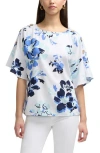 Ellen Tracy Round Neck Button Detail Linen Blend Top In Azure Bouquet