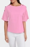 Ellen Tracy Round Neck Button Detail Linen Blend Top In Flamingo Pink