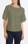 Ellen Tracy Round Neck Button Detail Linen Blend Top In Light Olive