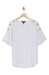 Ellen Tracy Round Neck Button Detail Linen Blend Top In White/black Pinstripe