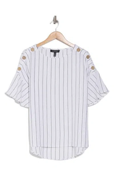Ellen Tracy Round Neck Button Detail Linen Blend Top In White/black Pinstripe