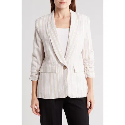 Ellen Tracy Ruched Sleeve Linen Blend Blazer In Linen/white Stripe