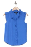 Ellen Tracy Ruffle Linen Blend Shirt In Azure