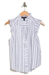 Ellen Tracy Ruffle Linen-blend Top In Black/ White Stripe