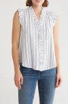 Ellen Tracy Ruffle Linen-blend Top In Black/white Stripe