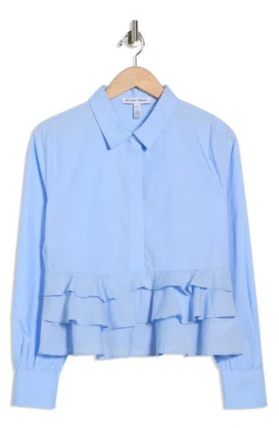 Ellen Tracy Ruffle Poplin Crop Button-up Shirt In Blue