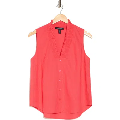 Ellen Tracy Ruffle Sleeveless Button-up Shirt In Geranium