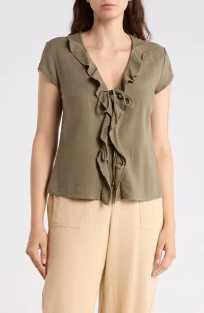 Ellen Tracy Ruffle Tie Front Top In Brown