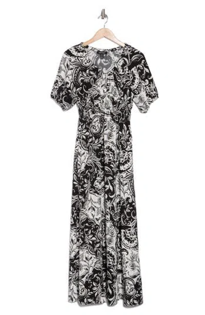 Ellen Tracy Short Sleeve Empire Waist Maxi Dress In Black Batik Floral