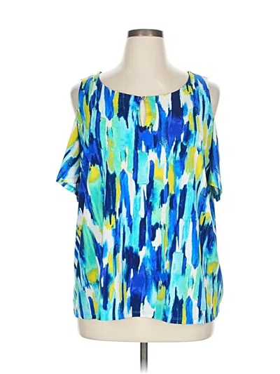 Pre-owned Ellen Tracy Short Sleeve Top Blue Cold Shoulder Neckline Tops