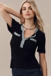 Ellen Tracy Short-sleeve V-neck Mixed Media Ribbed Sweater In Black