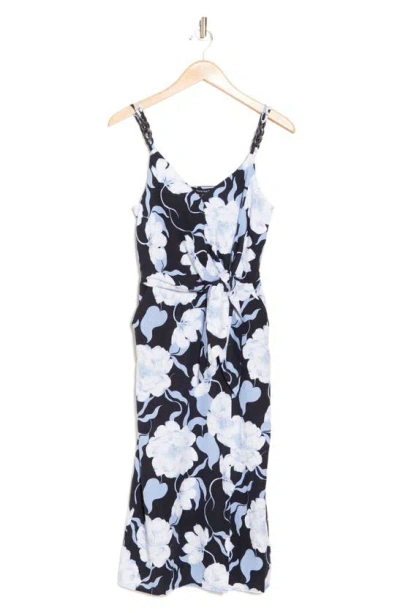 Ellen Tracy Side Tie Linen Blend Midi Dress In Blue Floral