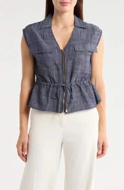 Ellen Tracy Sleeveless Patch Pocket Chambray Top In Blue
