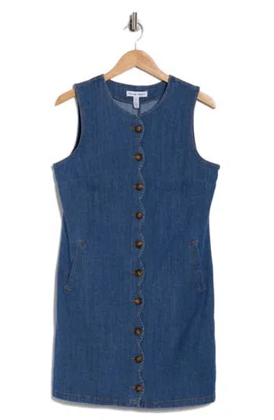 Ellen Tracy Sleeveless Scalloped Button Front Denim Minidress In Blue