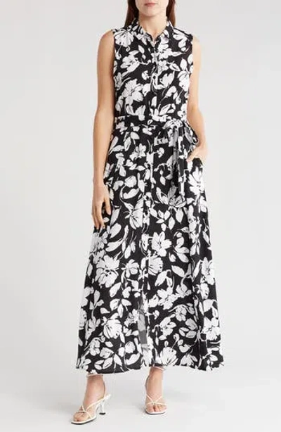Ellen Tracy Sleeveless Shirtdress In Black/white Floral Blossom