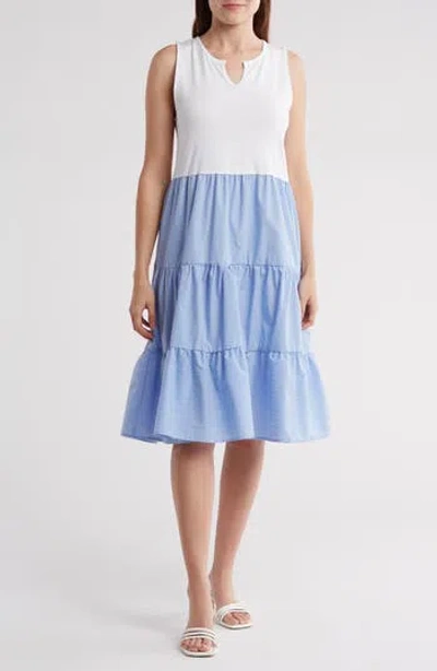 Ellen Tracy Sleeveless Tiered Dress In Blue/white Stripe