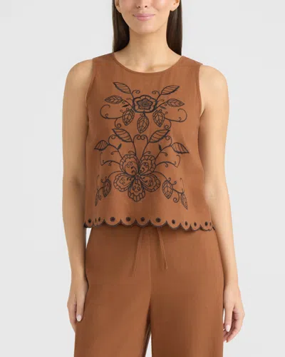 Ellen Tracy Sleeveless Top With Embroidery In Brown
