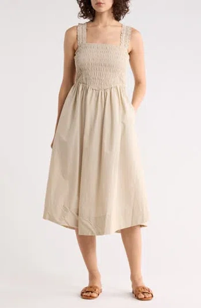 Ellen Tracy Smocked Cotton Poplin Fit & Flare Dress In Brown