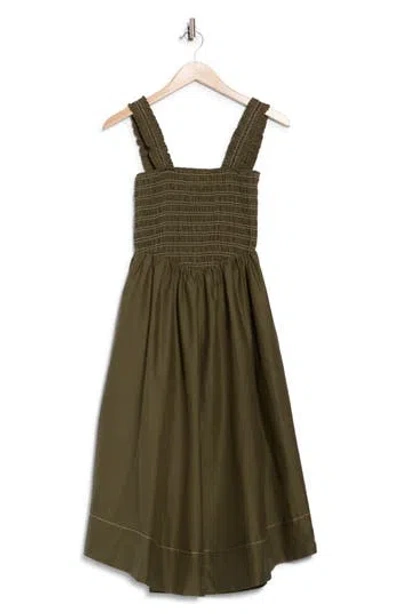 Ellen Tracy Smocked Cotton Poplin Fit & Flare Dress In Brown