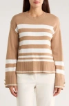 Ellen Tracy Stripe Crewneck Sweater In Brown