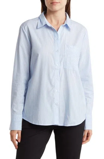Ellen Tracy Stripe High-low Button-up Shirt In White/blue Stripe