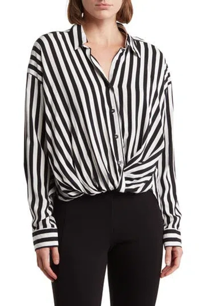 Ellen Tracy Stripe Knotted Long Sleeve Button-up Shirt In Black/marshmallow Stripe