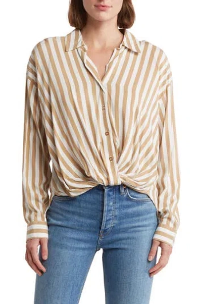 Ellen Tracy Stripe Knotted Long Sleeve Button-up Shirt In Marshmallow/camel Stripe