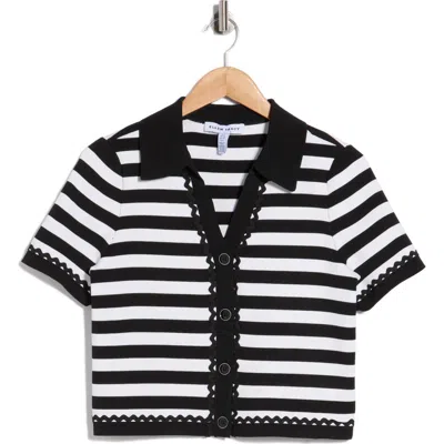 Ellen Tracy Stripe Lace Trim Short Sleeve Cardigan In Black