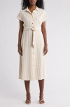 Ellen Tracy Stripe Short Sleeve Midi Shirtdress In Linen/white Stripe
