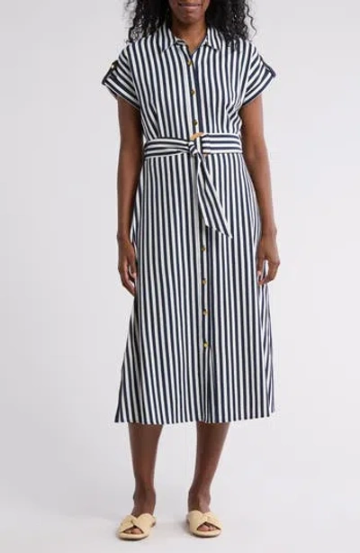 Ellen Tracy Stripe Short Sleeve Midi Shirtdress In Navy/white Stripe