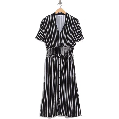 Ellen Tracy Stripe Short Sleeve Smocked Waist Midi Dress In Blue