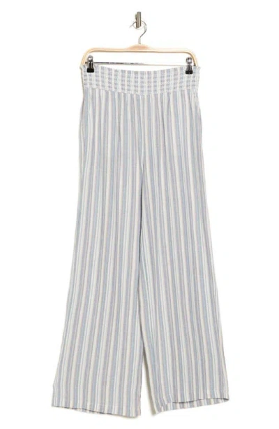 Ellen Tracy Stripe Smocked Waist Wide Leg Linen Blend Pants In Blue/ Tan Stripe