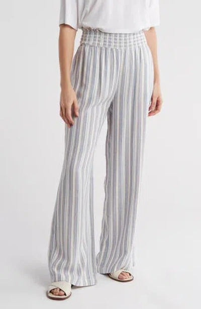 Ellen Tracy Stripe Smocked Waist Wide Leg Linen Blend Pants In Blue/tan Stripe