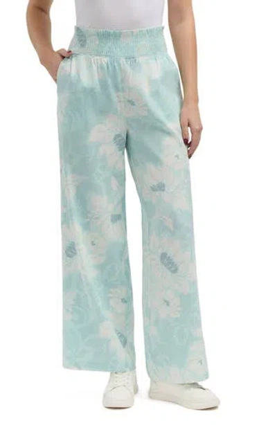 Ellen Tracy Stripe Smocked Waist Wide Leg Linen Blend Pants In Dusty Blue Aztec Floral