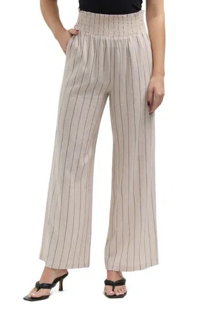 Ellen Tracy Stripe Smocked Waist Wide Leg Linen Blend Pants In Linen/black Stripe
