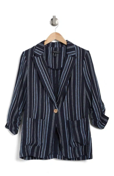 Ellen Tracy Striped Shirred Sleeve Blazer In Navy Stripe