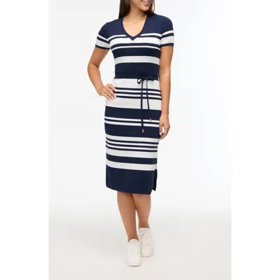Ellen Tracy Striped Sweater Dress In Navy Marshmallow Stripe
