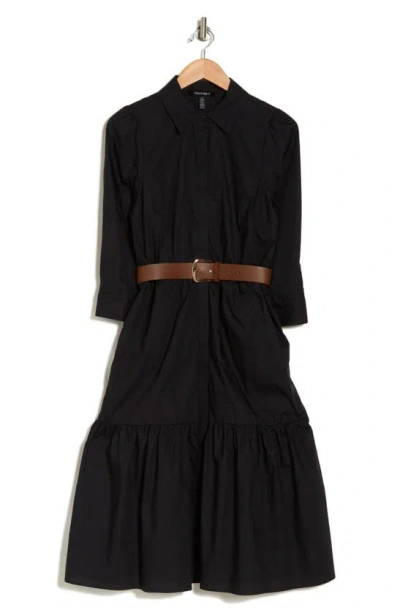 Ellen Tracy Three-quarter Sleeve Belted Cotton Shirtdress In Black