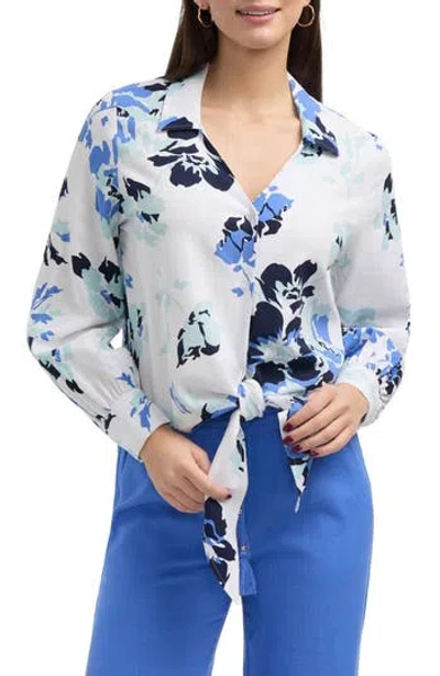 Ellen Tracy Tie Front Shirt In Azure Bouquet